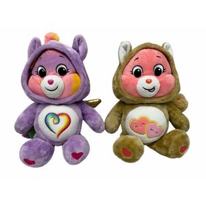 2 Care Bears Love A Lot Bear Heart Squirrel Hoodie & Unicorn Rainbow Heart Plush